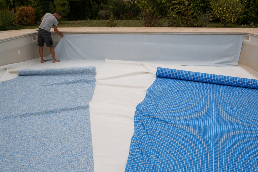 Personne installant un liner bleu à motifs