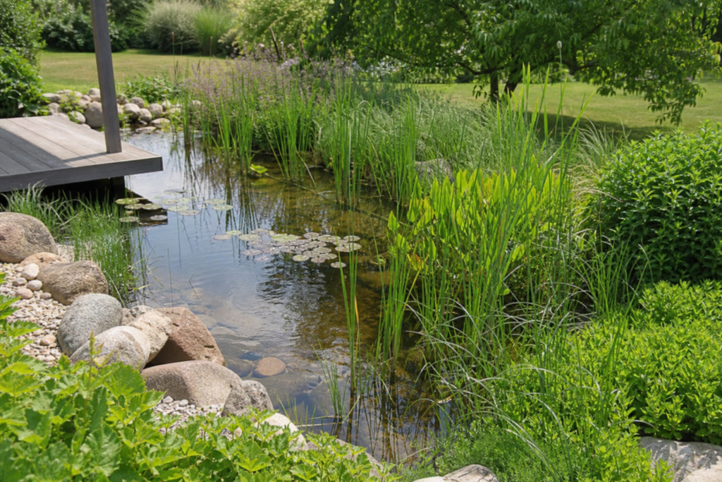 Étang de jardin bordé de roseaux et nénuphars