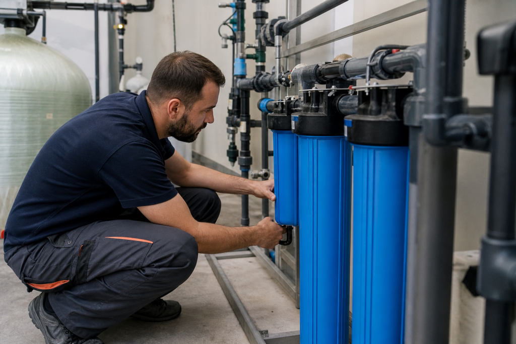 Technicien ajustant des filtres d'eau industriels