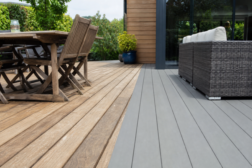 Terrasse avec lames en bois naturel et grises